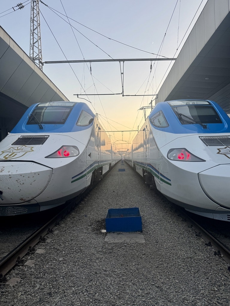 A symmetrical front view of two sleek, white and blue Afrosiyob high-speed trains parked side by side on parallel railway tracks at a train station in Uzbekistan, as shown in our Tashkent Travel Guide.