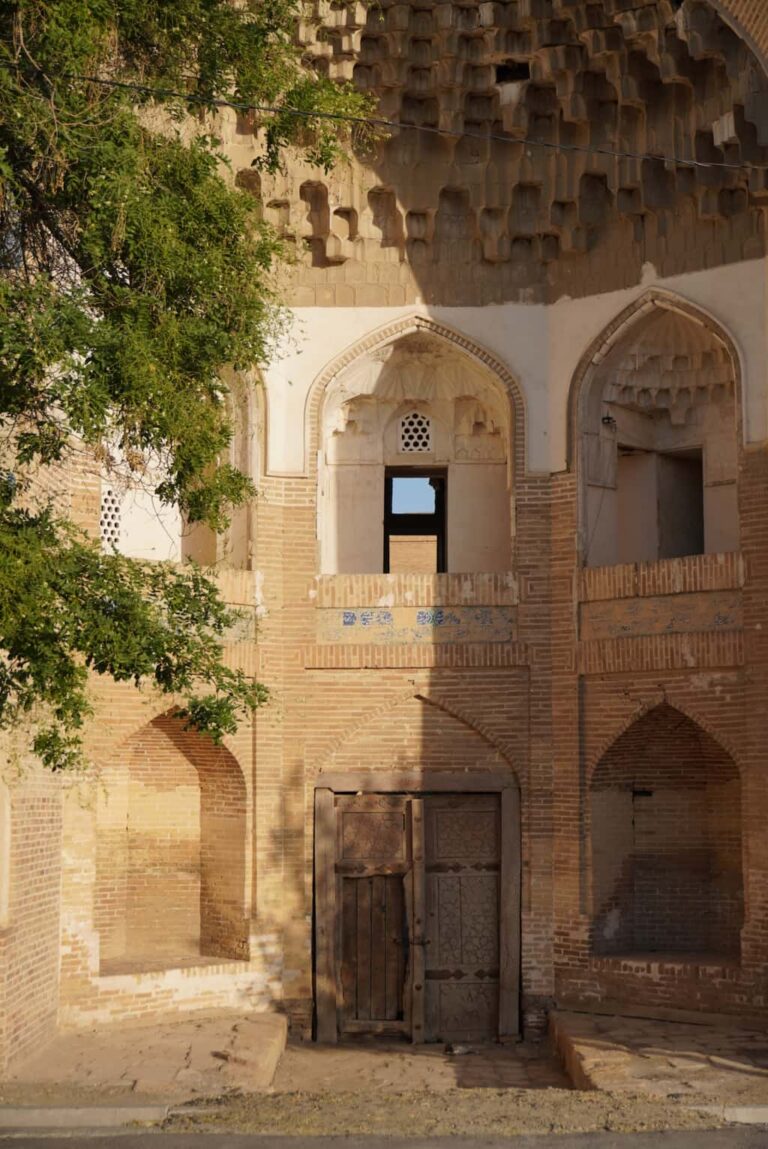 Close-up of a traditional brown brick building in Bukhara, showcasing arched windows and unique, intricately carved geometric patterns along the roofline, with the vibrant green leaves of a tree visible on the left side.