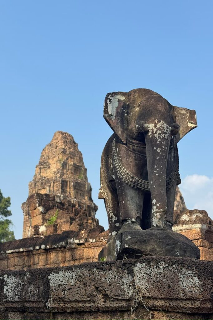 Historic stone elephant statue at the Eastern Mebon temple ruins in Angkor Wat archaelogical park which we visited as part of our 2-day Angkor Wat tour