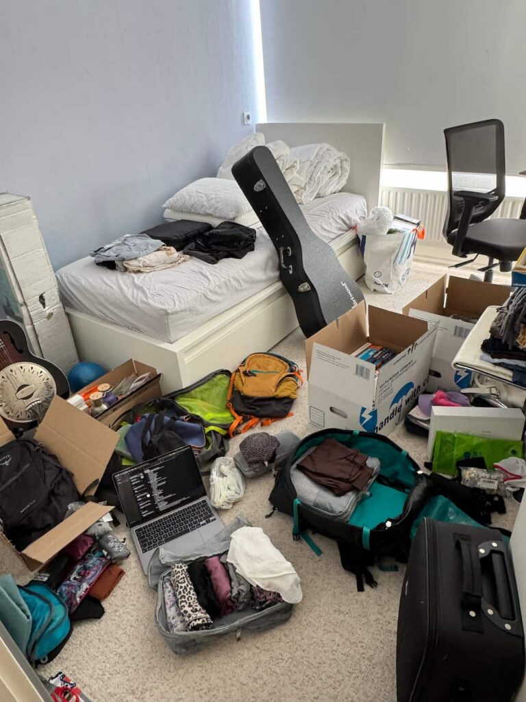 a room full of boxes, backapcks, packing cubes and things ready to be packed when the authors of this blog decided to move out of their apartment in Leiden