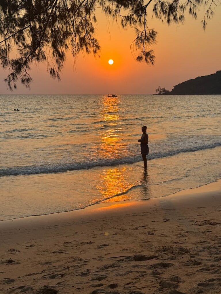 A person standing in the shallow water at sunset, watching the golden sun reflect on the ocean beneath tree branches framing the scene.
