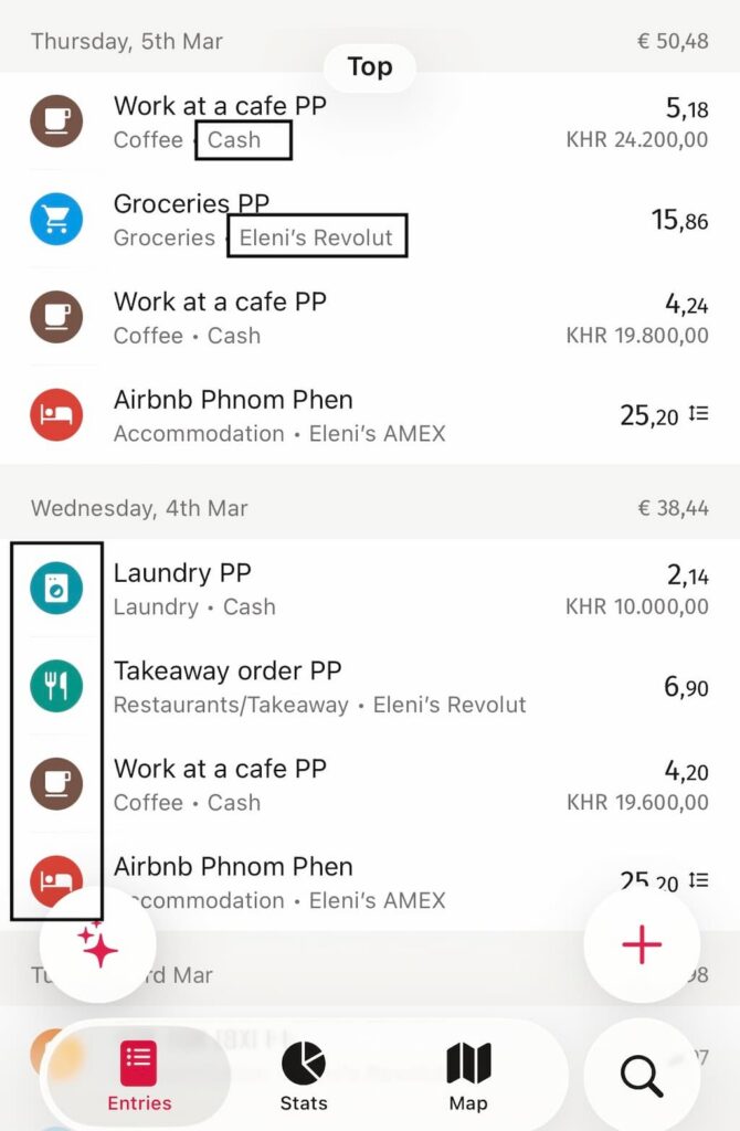 Detailed list of daily travel expenses in TravelSpend, useful for following these travel budget tips.