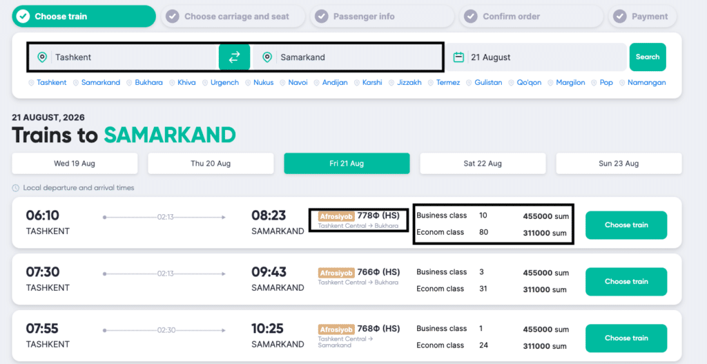 Screenshot of Uzbekistan train results for the route from Tashkent to Samarkand on the official Uzbek railway platform, as shown in our Uzbekistan trains guide.