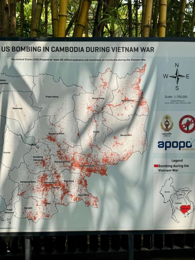 Informational display board mapping US bombing locations in Cambodia during the Vietnam War at the APOPO center.