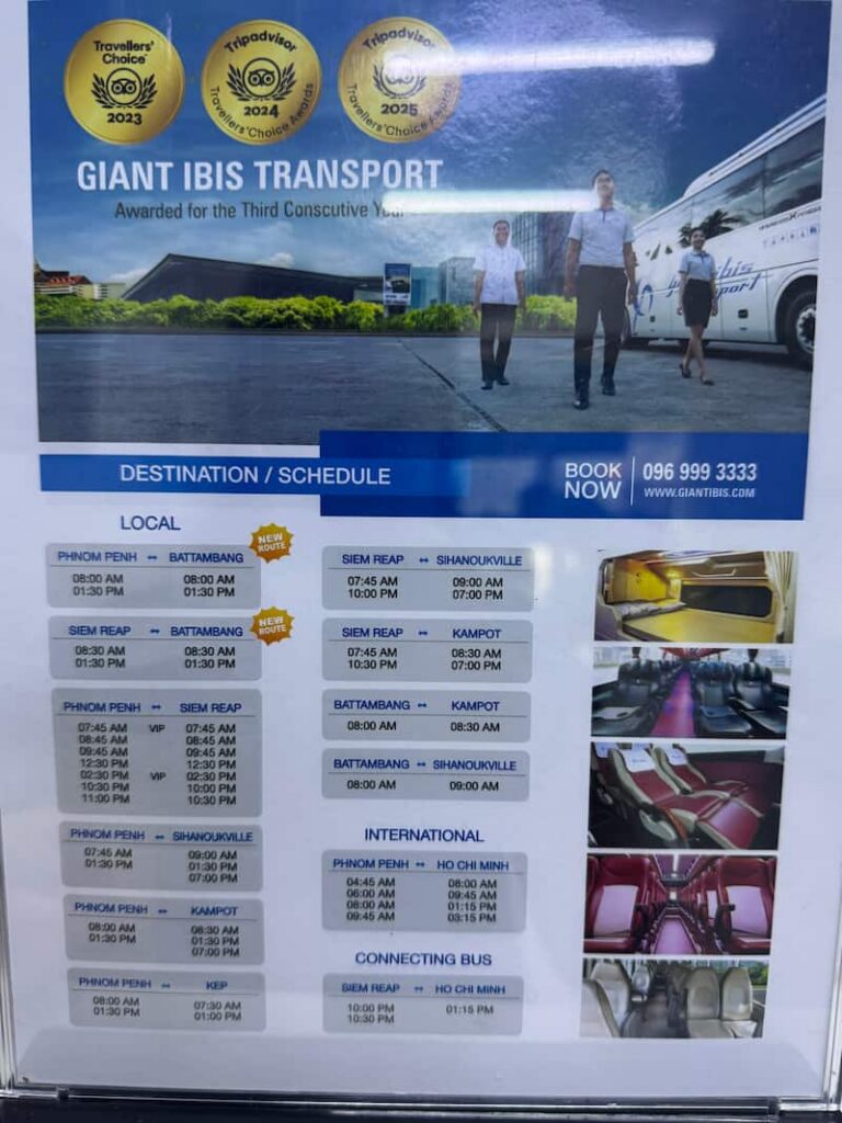 Detailed Giant Ibis bus schedule and destination list featured in our Cambodia transport guide
