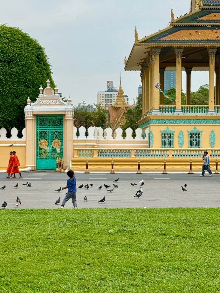A child playing with pigeons on the green lawn near the Royal Palace pavilion in Phnom Penh.