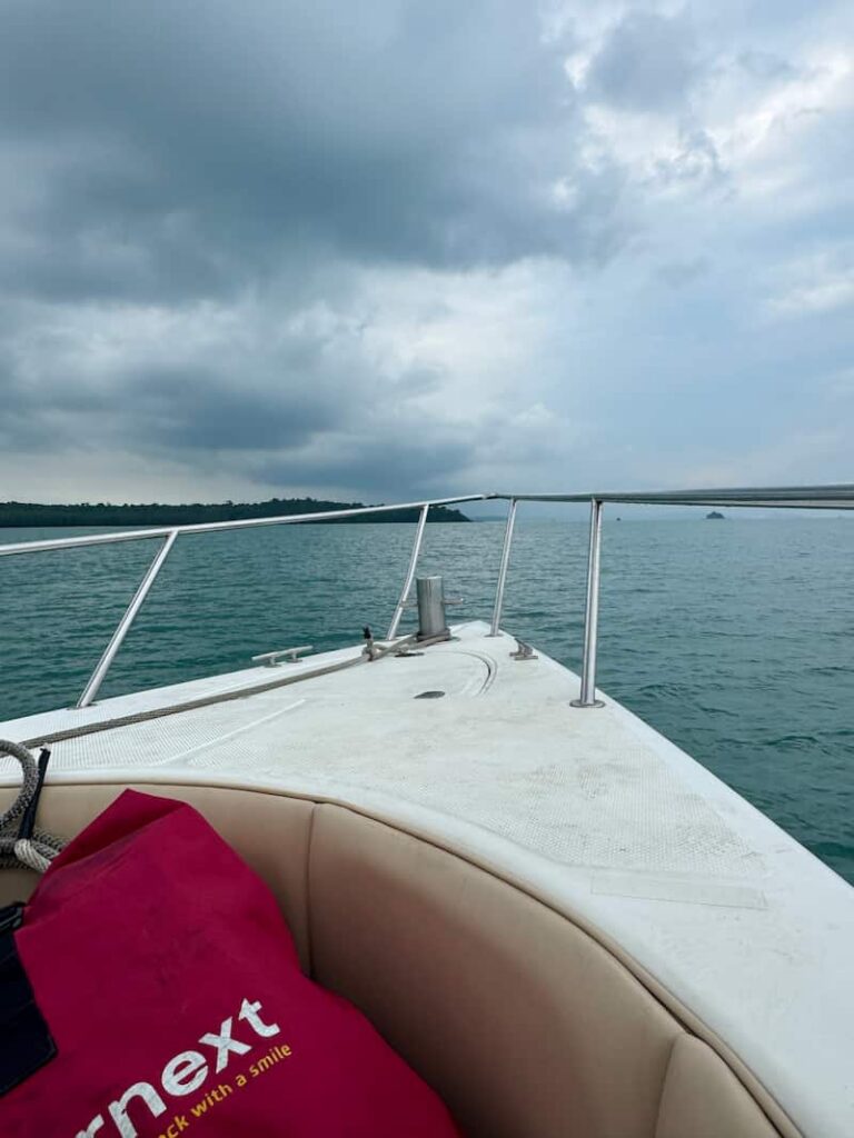 View from the bow of a speedboat crossing the water to the islands in our Cambodia transport guide.