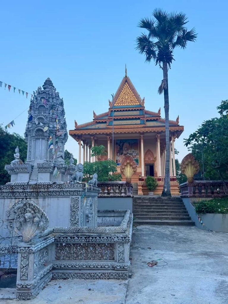 An ornate Buddhist temple with intricate stone stupas, a traditional tiered roof, and a tall palm tree in a village near Siem Reap, Cambodia.