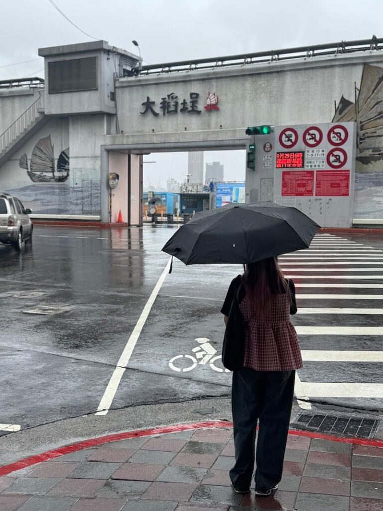 A person holding a black umbrella while waiting at a wet pedestrian crosswalk in front of a Taipei river gate on a rainy day.