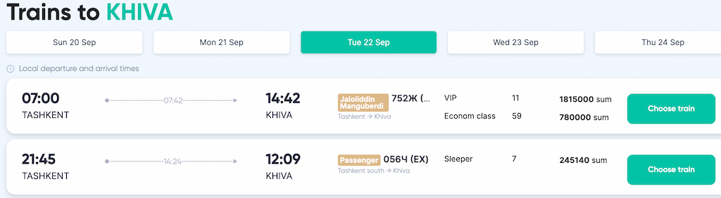 Screenshot of the official Uzbekistan Railways booking portal showing available seats and pricing for the Jaloliddin Manguberdi high-speed train and sleeper options from Tashkent to Khiva.